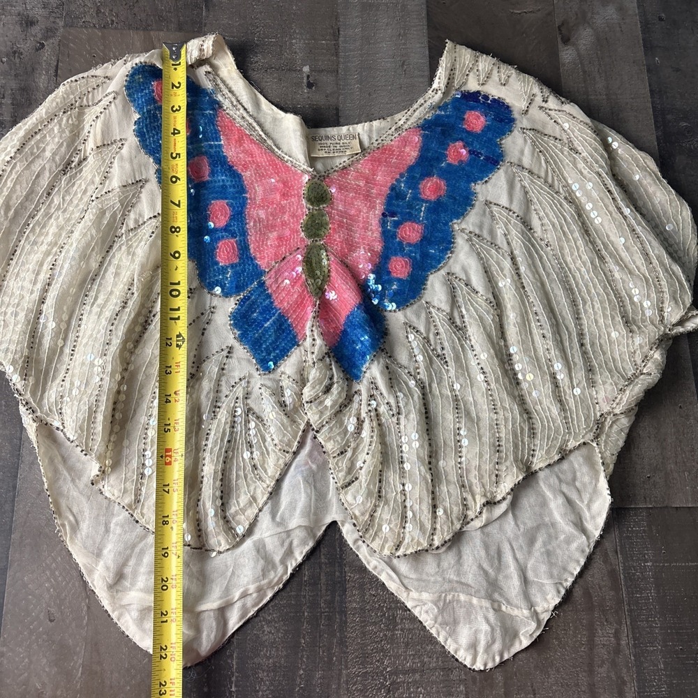 Vintage Butterfly Beaded & Sequins Queen Top Made In India Party Shirt Silk M/L - Picture 9 of 13